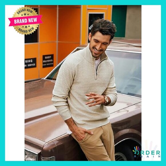 Quarter Zip Pullover Slim Fit Knit Textured Mock Neck Casual Elegant Classic - Picture 7 of 8